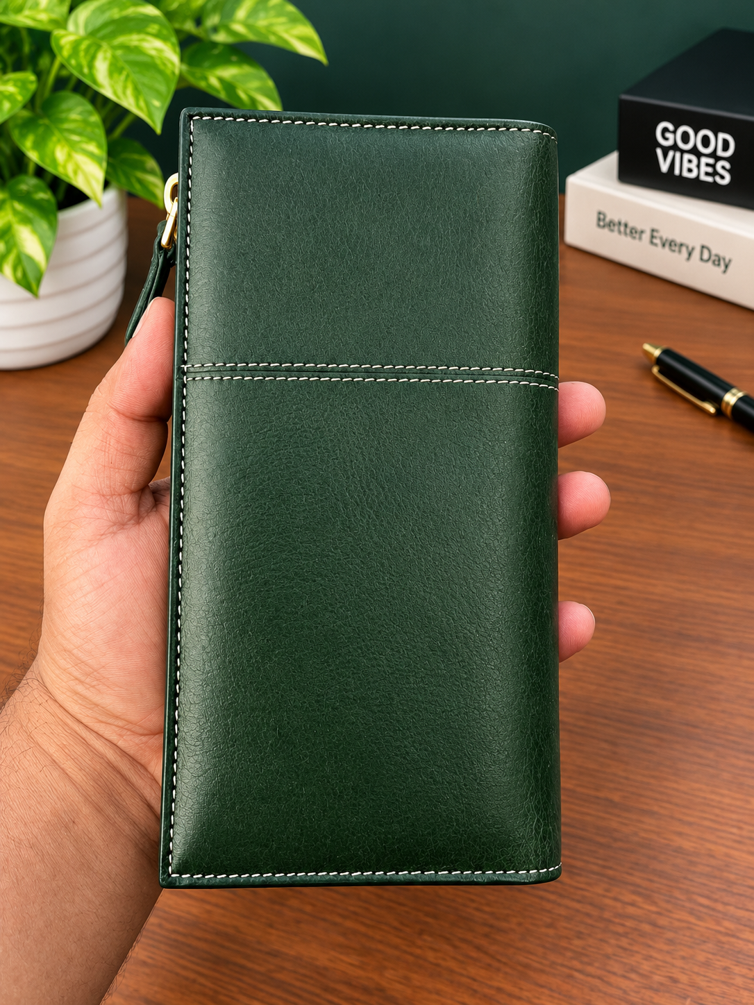 Janata Olive Green Elite Leather Long Wallet